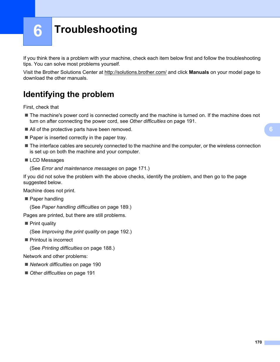 6 troubleshooting, Identifying the problem, Troubleshooting | Brother HL-L8350CDWT User Manual | Page 177 / 223