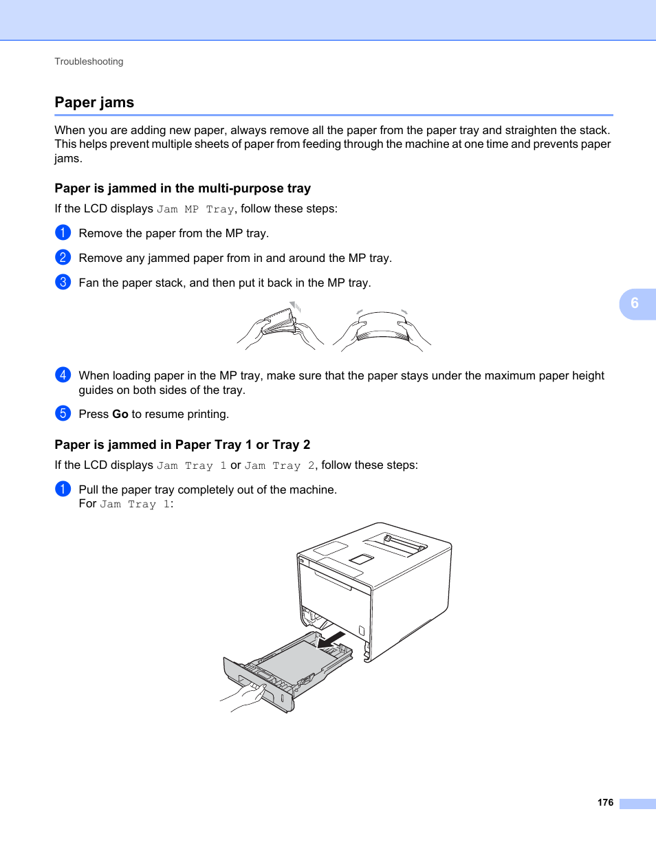 Paper jams, Paper is jammed in the multi-purpose tray, Paper is jammed in paper tray 1 or tray 2 | 6paper jams | Brother HL-L8350CDWT User Manual | Page 183 / 223