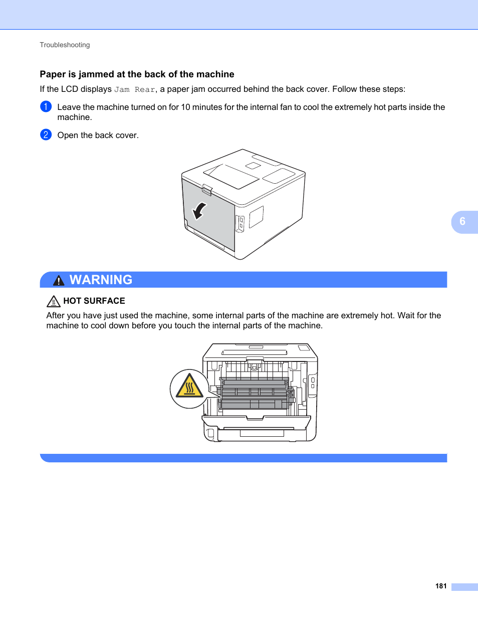 Paper is jammed at the back of the machine, Warning | Brother HL-L8350CDWT User Manual | Page 188 / 223