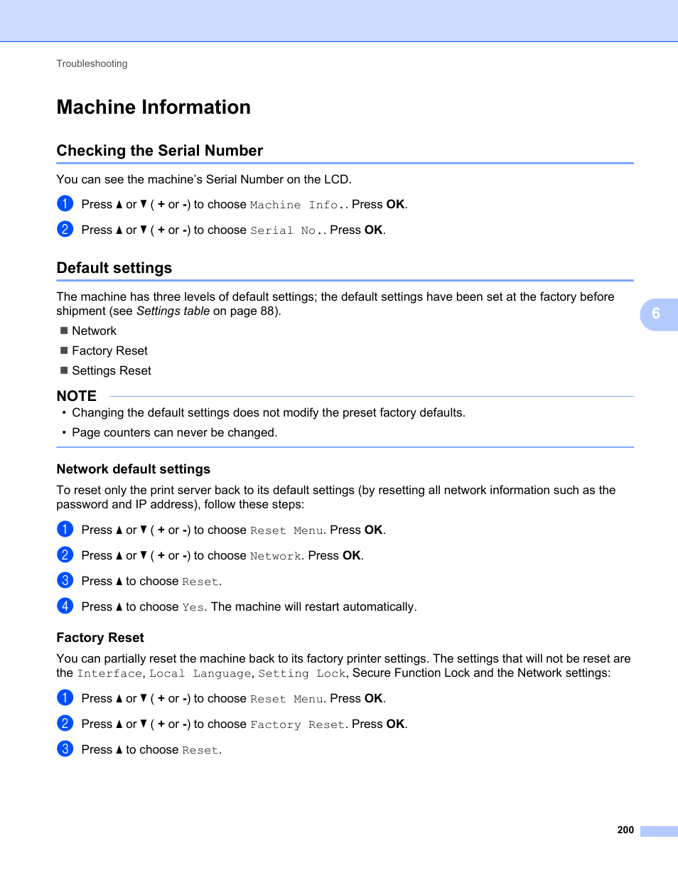 Machine information, Checking the serial number, Default settings | Network default settings, Factory reset, Checking the serial number default settings | Brother HL-L8350CDWT User Manual | Page 207 / 223