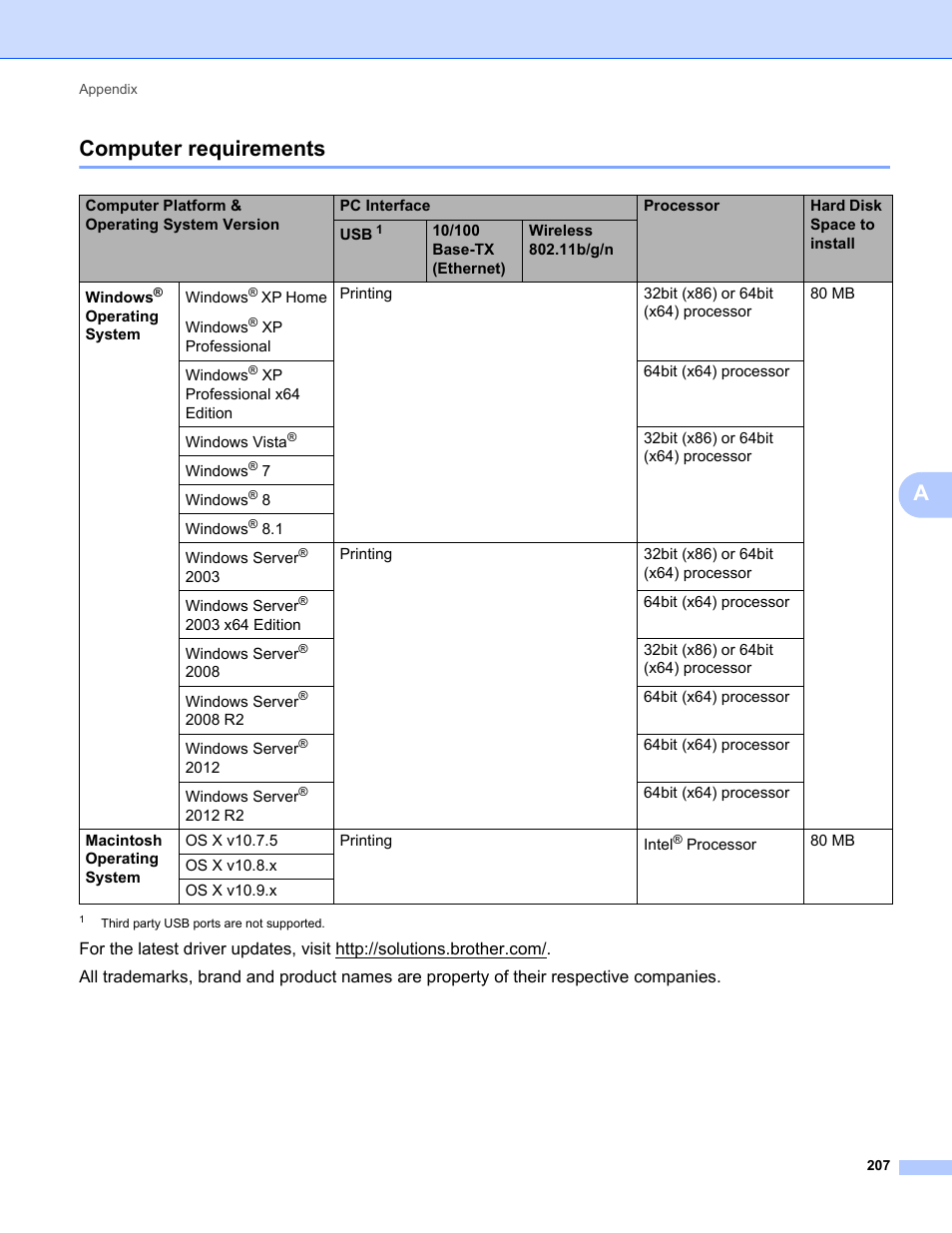 Computer requirements, Acomputer requirements | Brother HL-L8350CDWT User Manual | Page 214 / 223