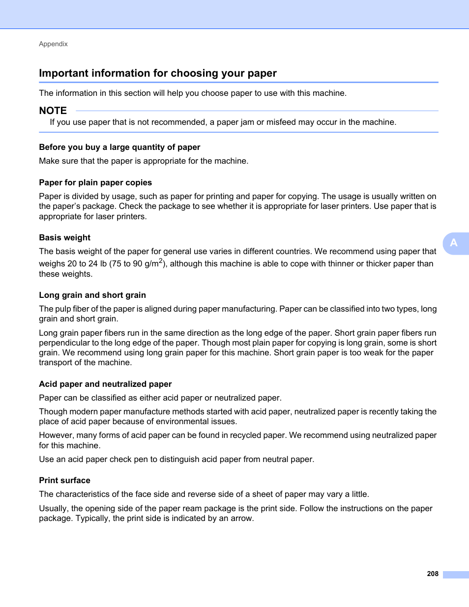 Important information for choosing your paper, Aimportant information for choosing your paper, Before you buy a large quantity of paper | Brother HL-L8350CDWT User Manual | Page 215 / 223