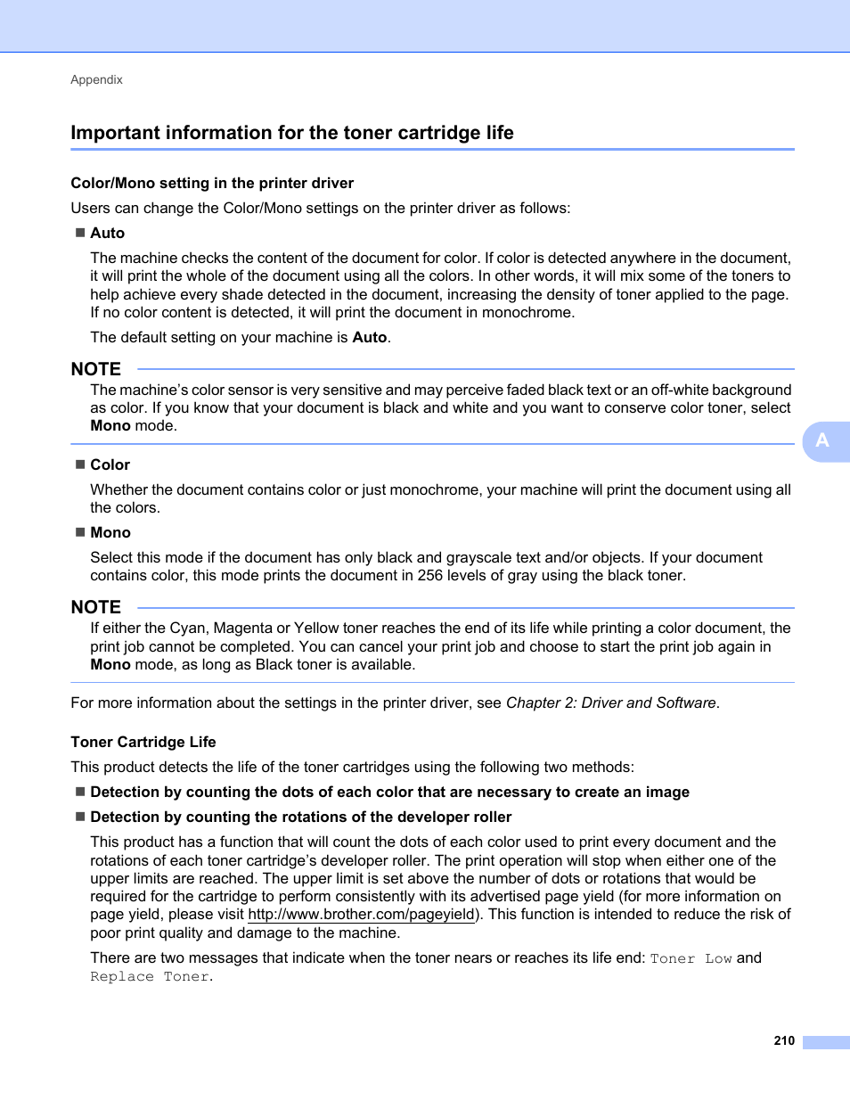 Important information for the toner cartridge life | Brother HL-L8350CDWT User Manual | Page 217 / 223