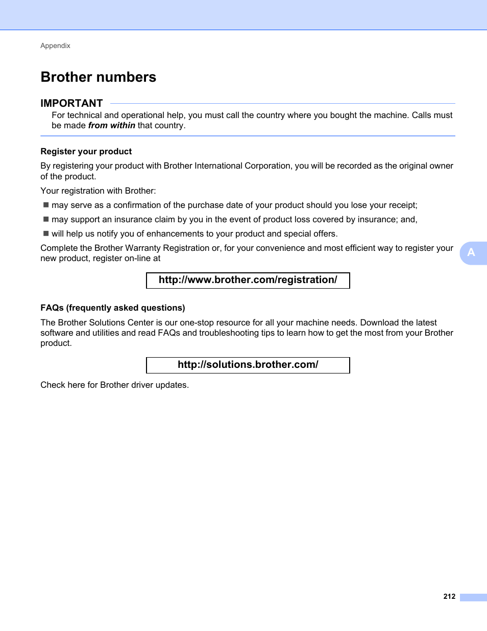 Brother numbers, Important | Brother HL-L8350CDWT User Manual | Page 219 / 223