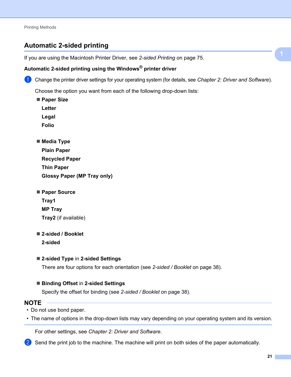 Automatic 2-sided printing, 1automatic 2-sided printing | Brother HL-L8350CDWT User Manual | Page 28 / 223