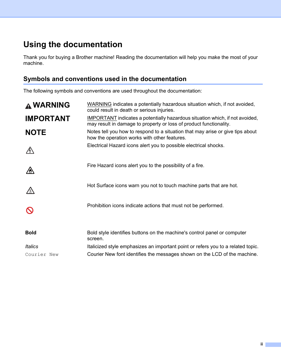 Using the documentation, Symbols and conventions used in the documentation, Warning | Important | Brother HL-L8350CDWT User Manual | Page 3 / 223