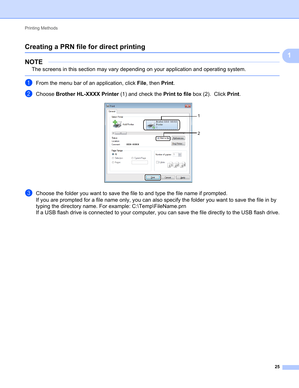 Creating a prn file for direct printing, 1creating a prn file for direct printing | Brother HL-L8350CDWT User Manual | Page 32 / 223