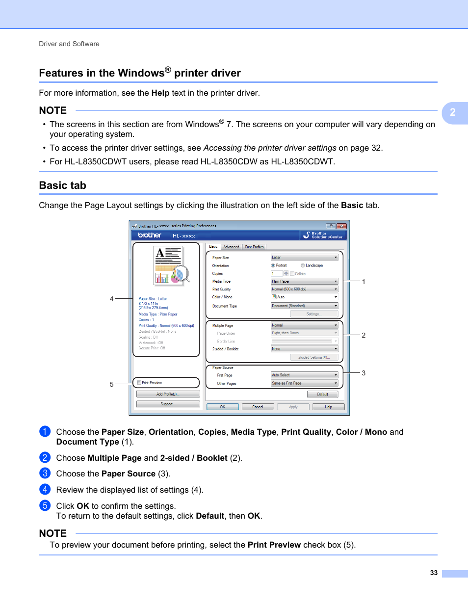 Features in the windows® printer driver, Basic tab, Features in the windows | Printer driver, 2features in the windows | Brother HL-L8350CDWT User Manual | Page 40 / 223