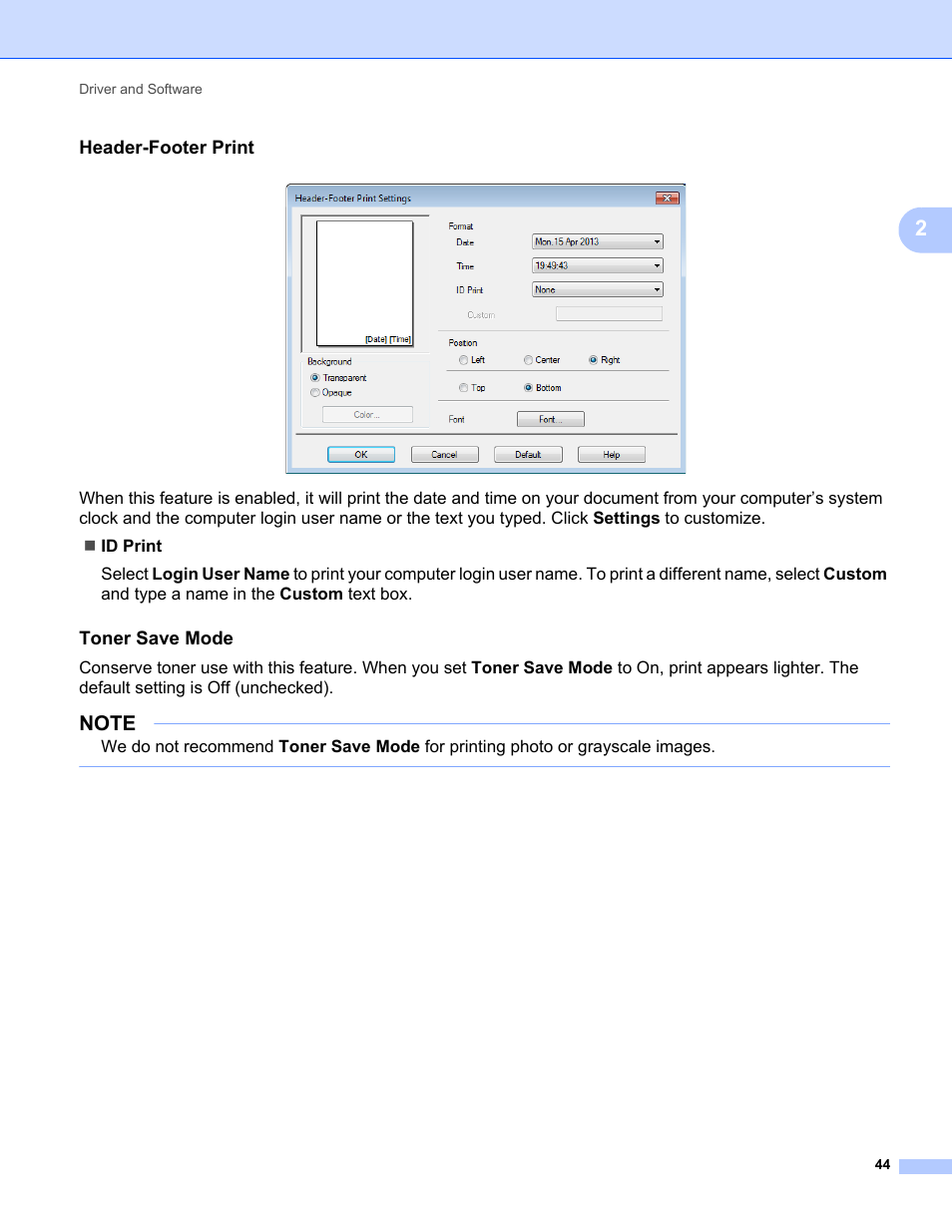 Header-footer print, Toner save mode | Brother HL-L8350CDWT User Manual | Page 51 / 223