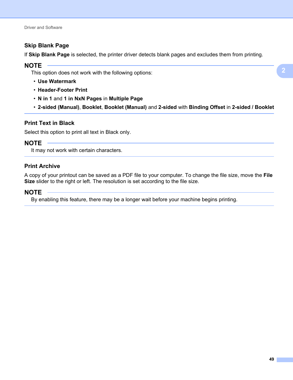 Print text in black, Print archive, Skip blank page | Brother HL-L8350CDWT User Manual | Page 56 / 223