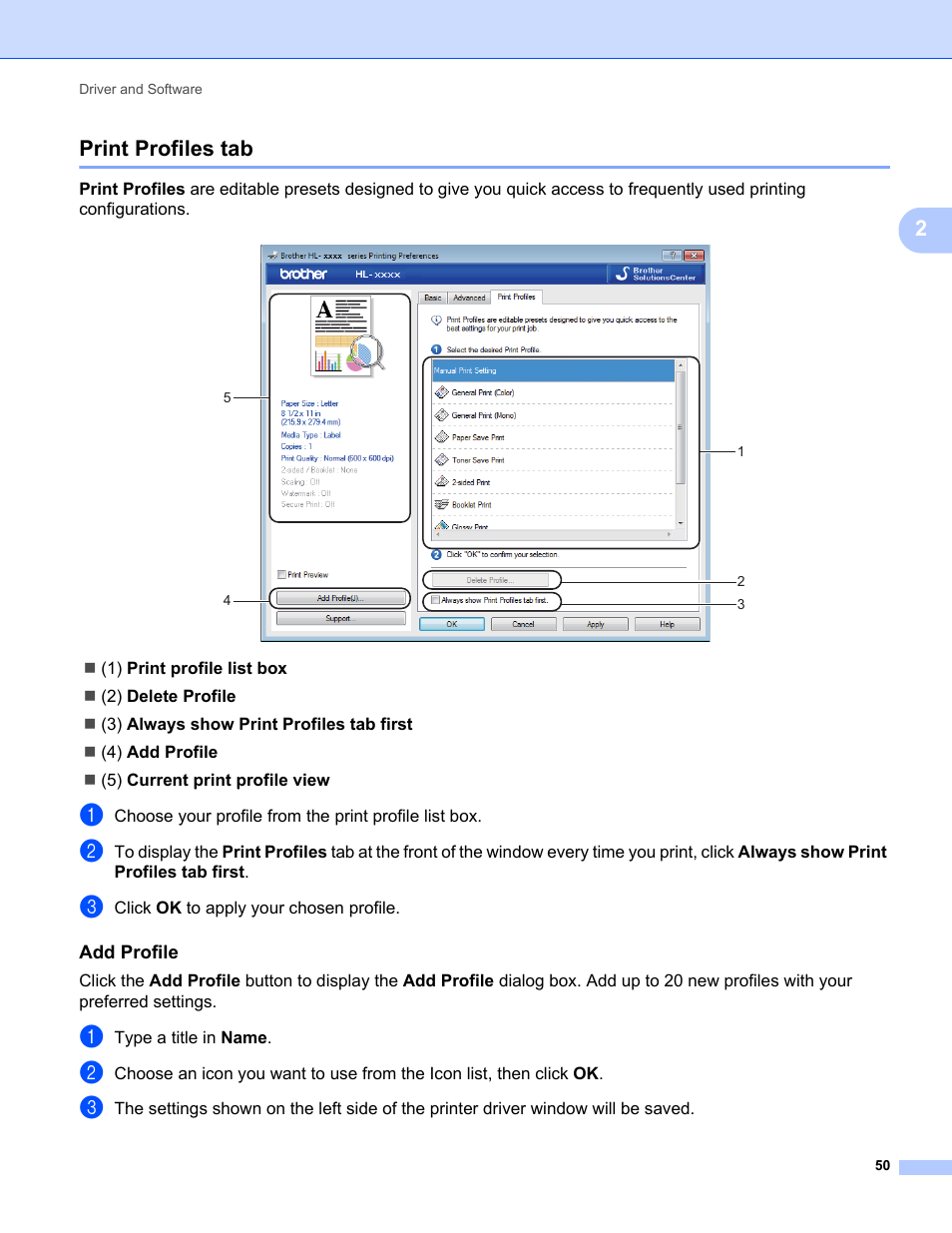 Print profiles tab, Add profile, 2print profiles tab | Brother HL-L8350CDWT User Manual | Page 57 / 223