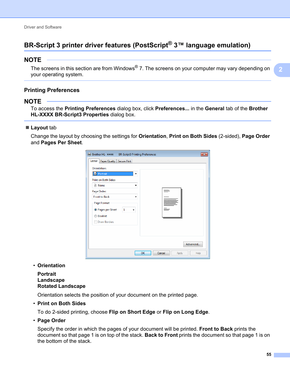 Printing preferences, Br-script 3 printer driver features (postscript, 3™ language emulation) | 2br-script 3 printer driver features (postscript | Brother HL-L8350CDWT User Manual | Page 62 / 223