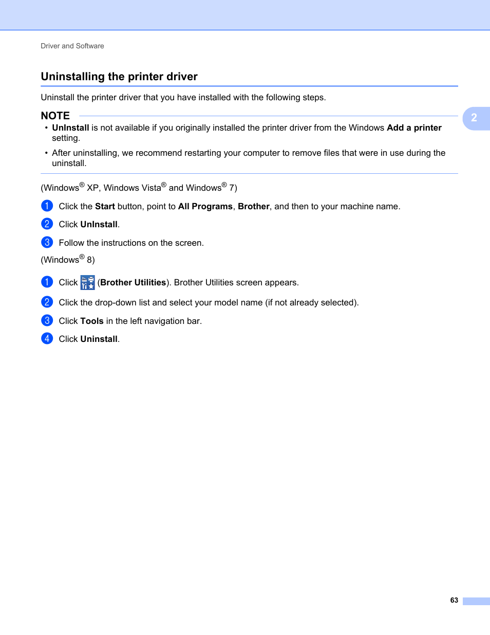 Uninstalling the printer driver, 2uninstalling the printer driver | Brother HL-L8350CDWT User Manual | Page 70 / 223