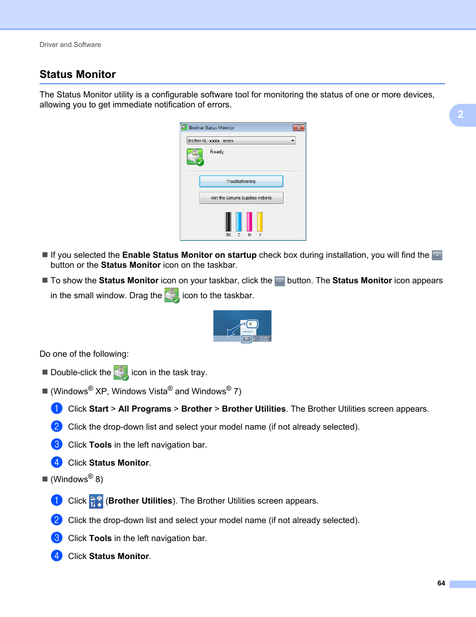 Status monitor, 2status monitor | Brother HL-L8350CDWT User Manual | Page 71 / 223