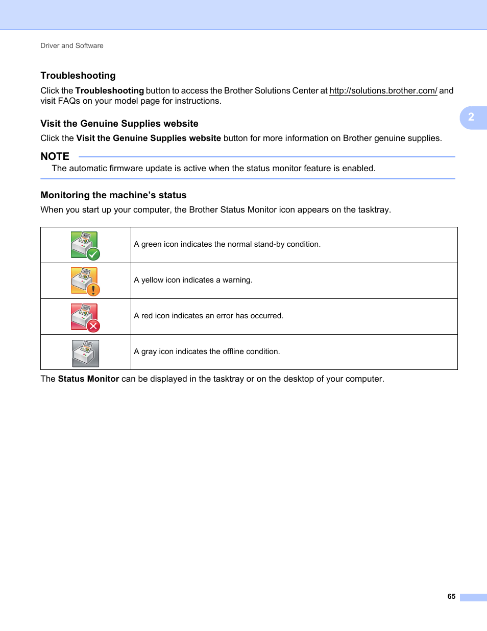 Troubleshooting, Visit the genuine supplies website, Monitoring the machine’s status | Brother HL-L8350CDWT User Manual | Page 72 / 223