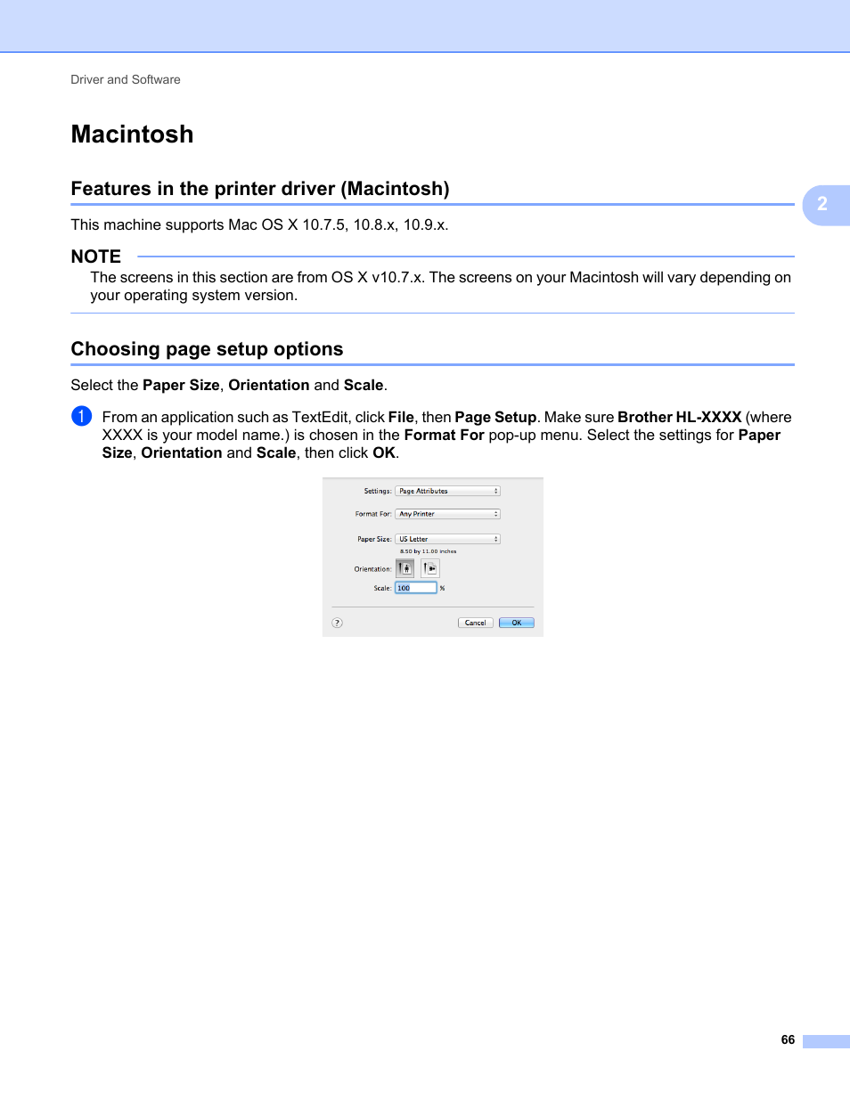 Macintosh, Features in the printer driver (macintosh), Choosing page setup options | Brother HL-L8350CDWT User Manual | Page 73 / 223