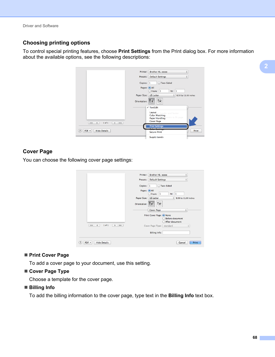 Choosing printing options, Cover page | Brother HL-L8350CDWT User Manual | Page 75 / 223