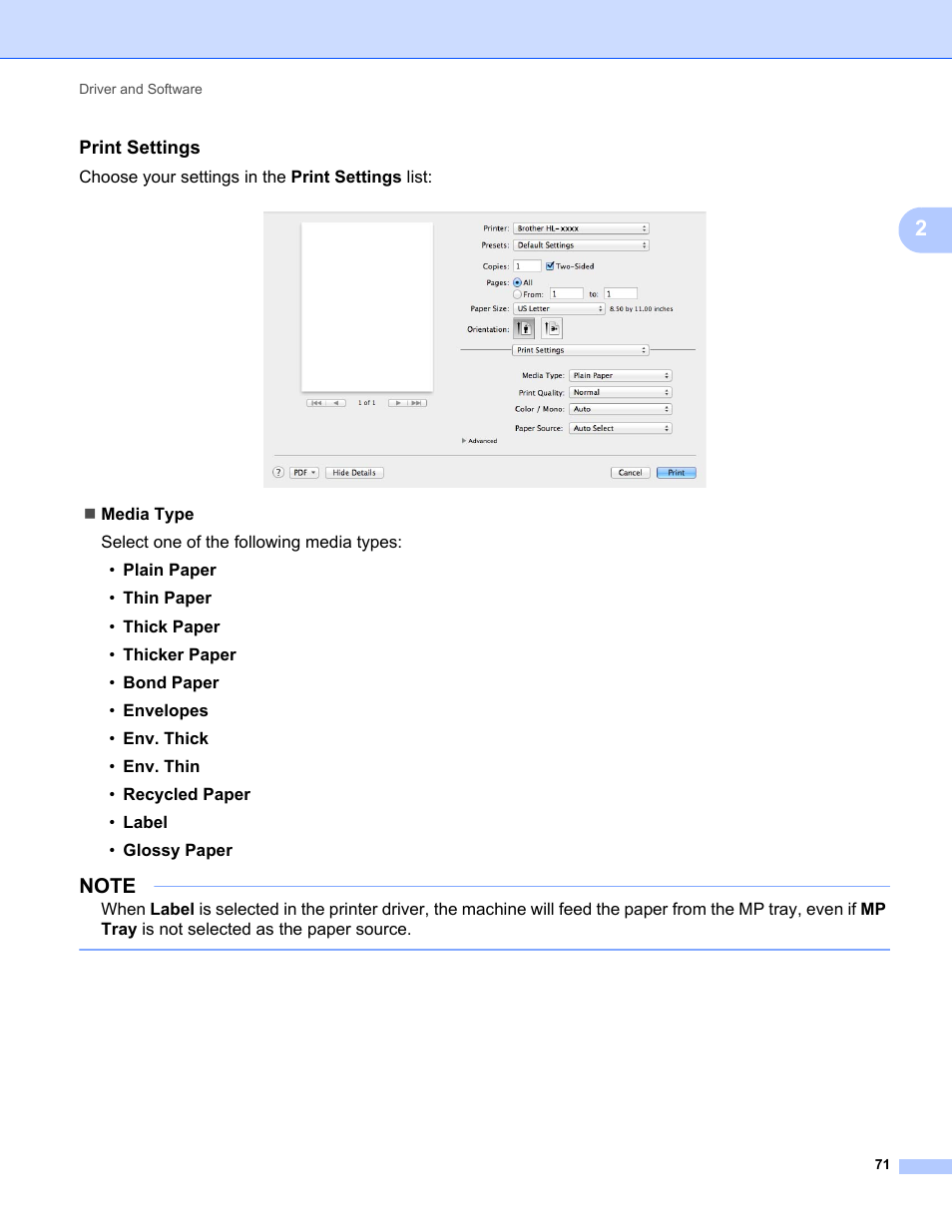 Print settings | Brother HL-L8350CDWT User Manual | Page 78 / 223