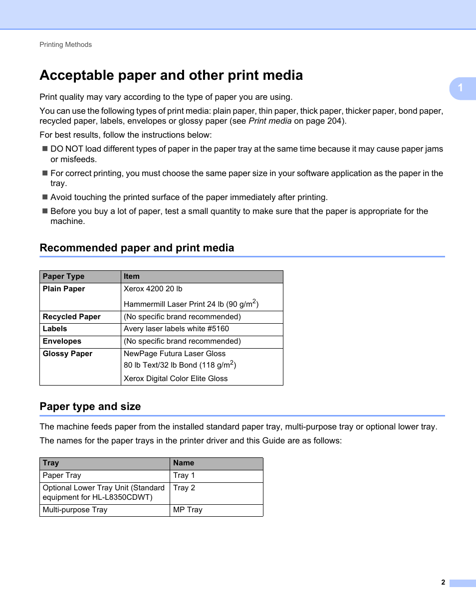 Acceptable paper and other print media, Recommended paper and print media, Paper type and size | Brother HL-L8350CDWT User Manual | Page 9 / 223