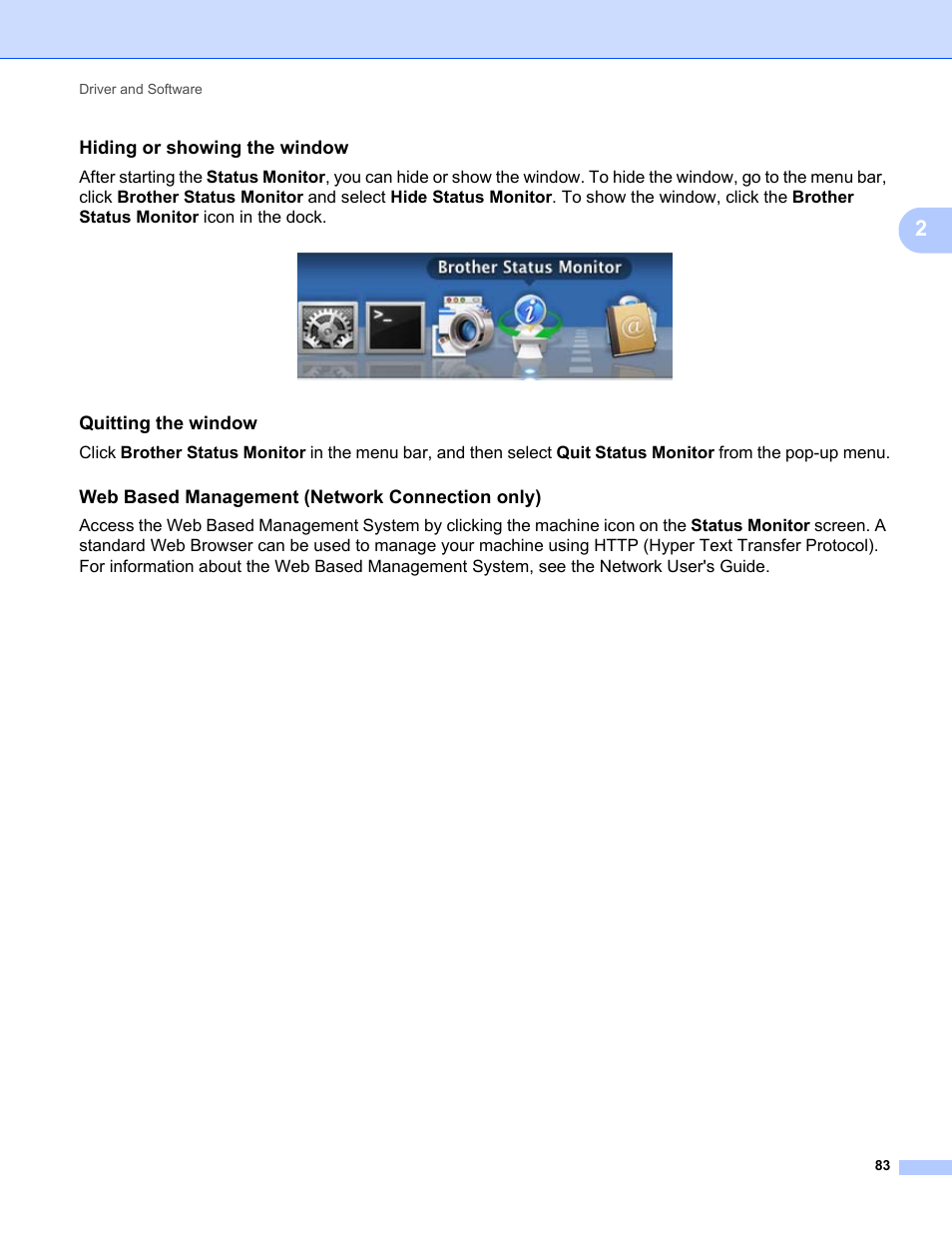 Hiding or showing the window, Quitting the window, Web based management (network connection only) | Brother HL-L8350CDWT User Manual | Page 90 / 223