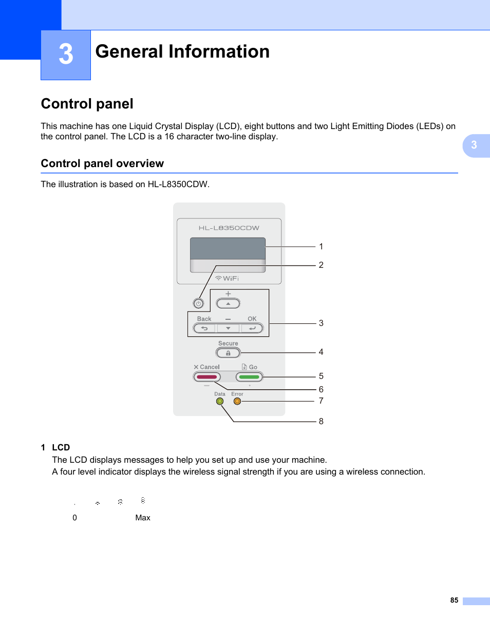 3 general information, Control panel, Control panel overview | General information | Brother HL-L8350CDWT User Manual | Page 92 / 223