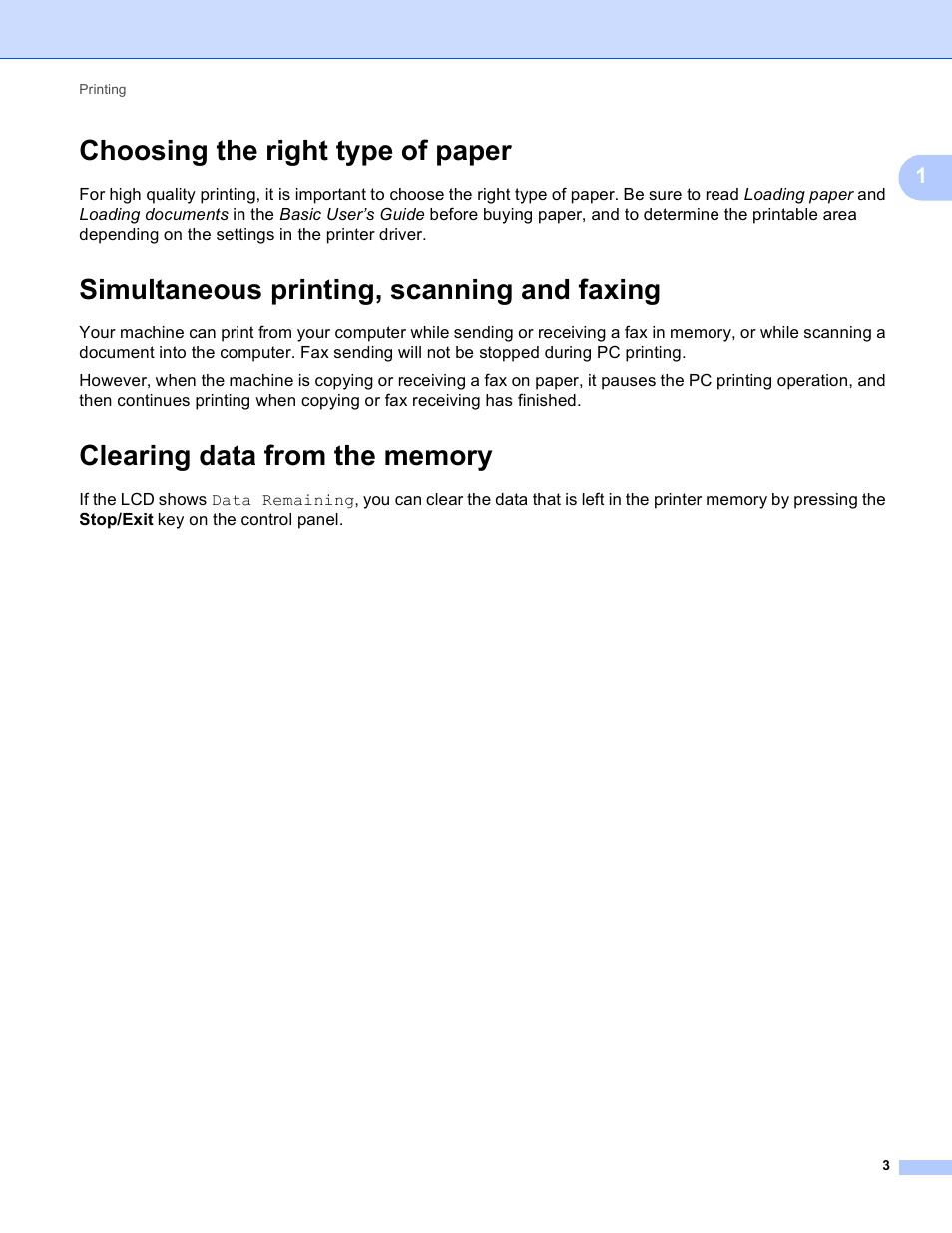 Choosing the right type of paper, Simultaneous printing, scanning and faxing, Clearing data from the memory | Brother MFC J6910DW User Manual | Page 10 / 221