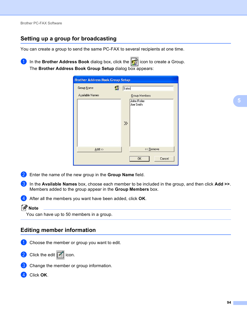 Setting up a group for broadcasting, Editing member information, 5setting up a group for broadcasting | Brother MFC J6910DW User Manual | Page 101 / 221