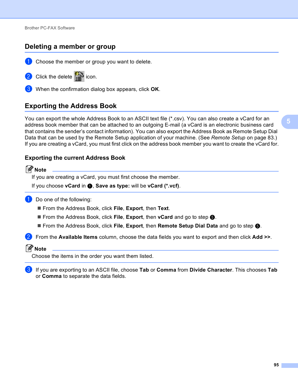 Deleting a member or group, Exporting the address book, Exporting the current address book | 5deleting a member or group | Brother MFC J6910DW User Manual | Page 102 / 221