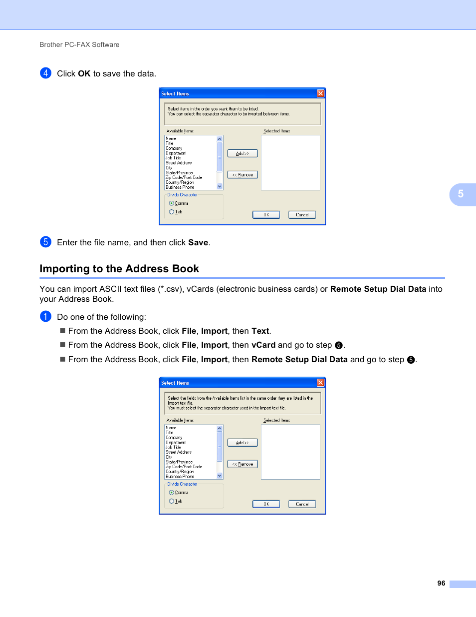 Importing to the address book | Brother MFC J6910DW User Manual | Page 103 / 221