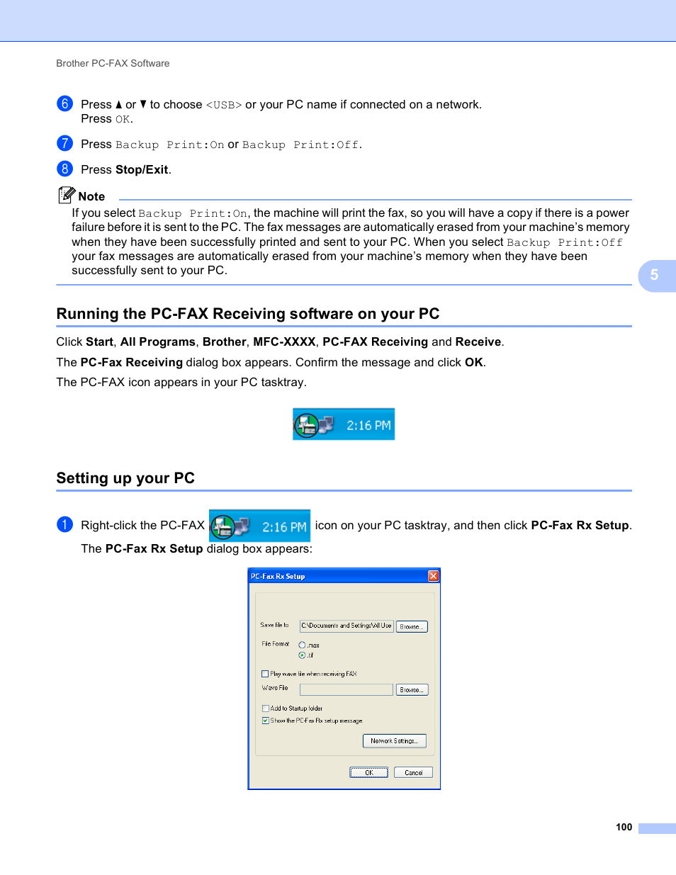 Running the pc-fax receiving software on your pc, Setting up your pc | Brother MFC J6910DW User Manual | Page 107 / 221