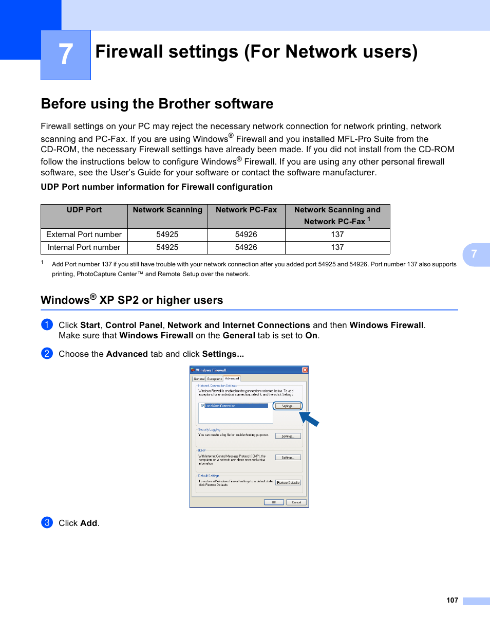 7 firewall settings (for network users), Before using the brother software, Windows® xp sp2 or higher users | Firewall settings (for network users), Windows, Xp sp2 or higher users | Brother MFC J6910DW User Manual | Page 114 / 221