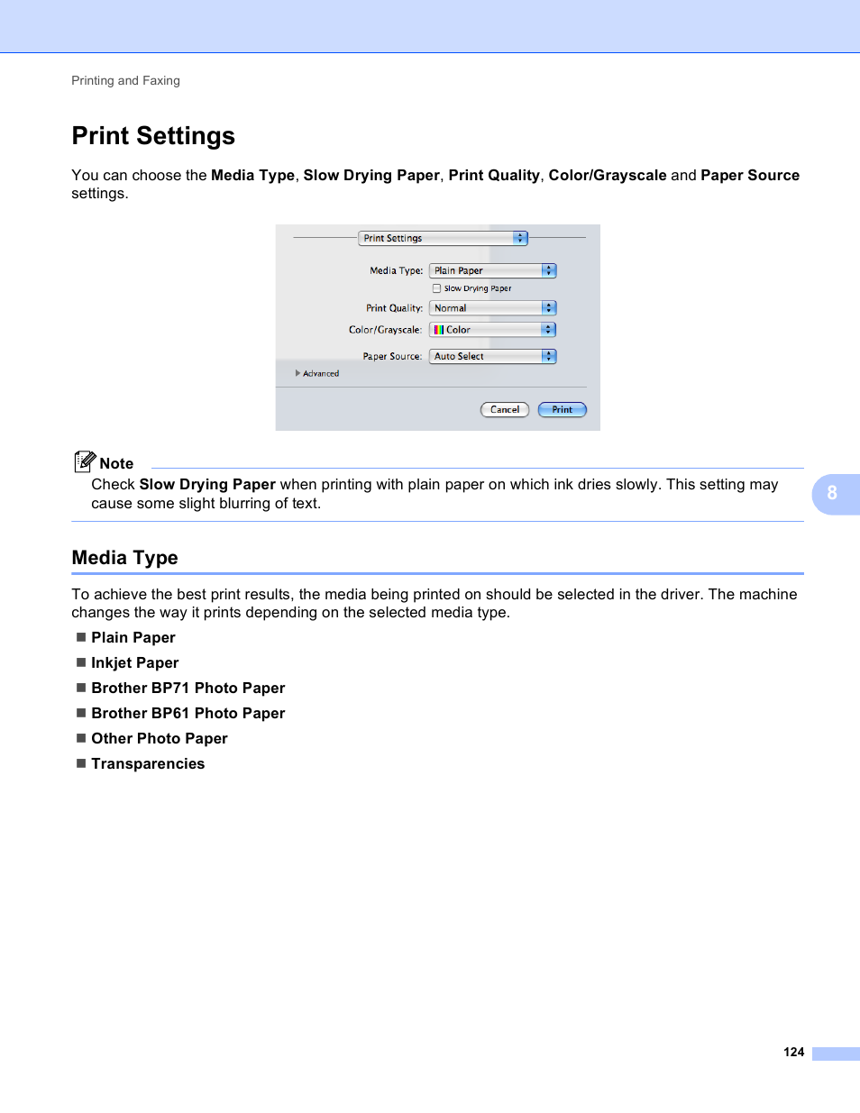 Print settings, Media type | Brother MFC J6910DW User Manual | Page 131 / 221