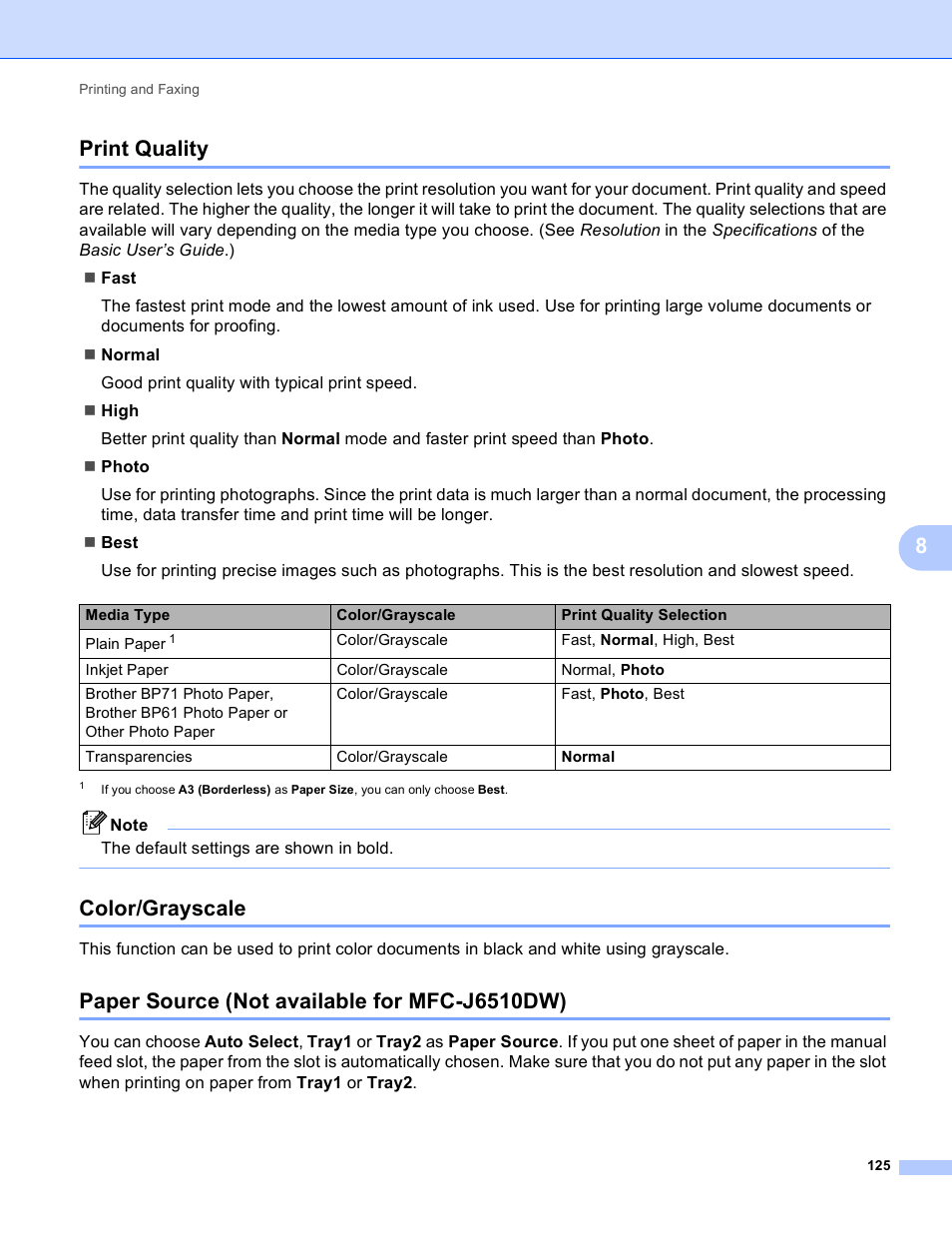 Print quality, Color/grayscale, Paper source (not available for mfc-j6510dw) | 8print quality | Brother MFC J6910DW User Manual | Page 132 / 221