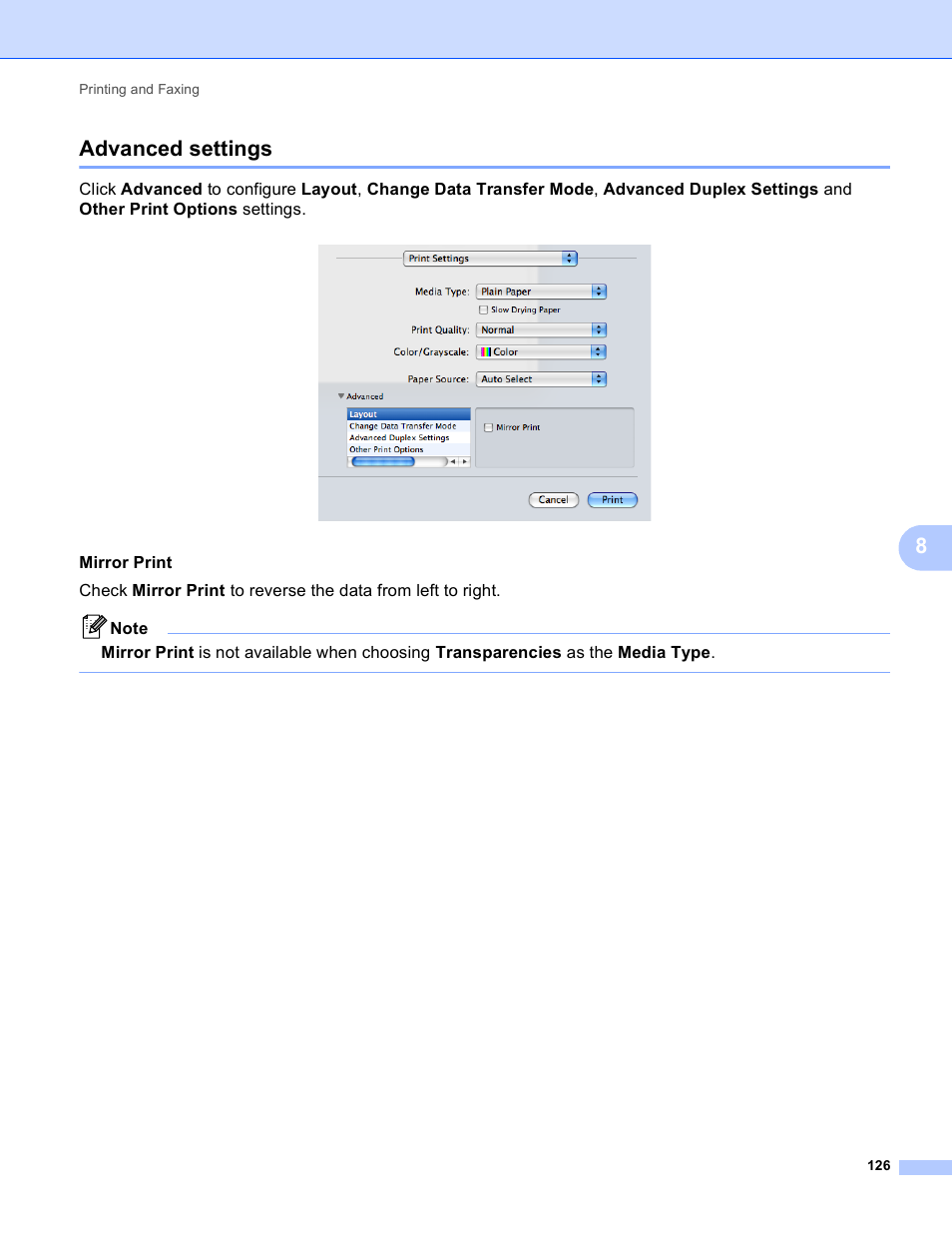 Advanced settings, 8advanced settings, Mirror print | Brother MFC J6910DW User Manual | Page 133 / 221