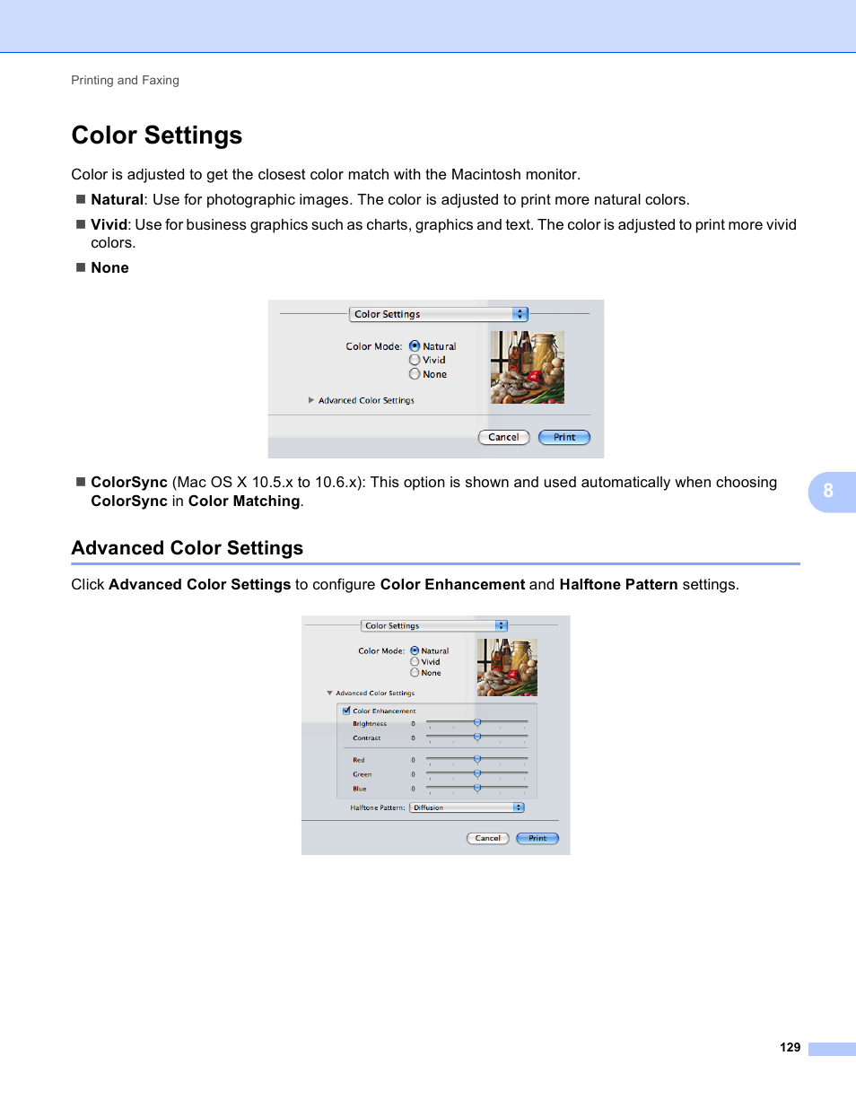 Color settings, Advanced color settings | Brother MFC J6910DW User Manual | Page 136 / 221