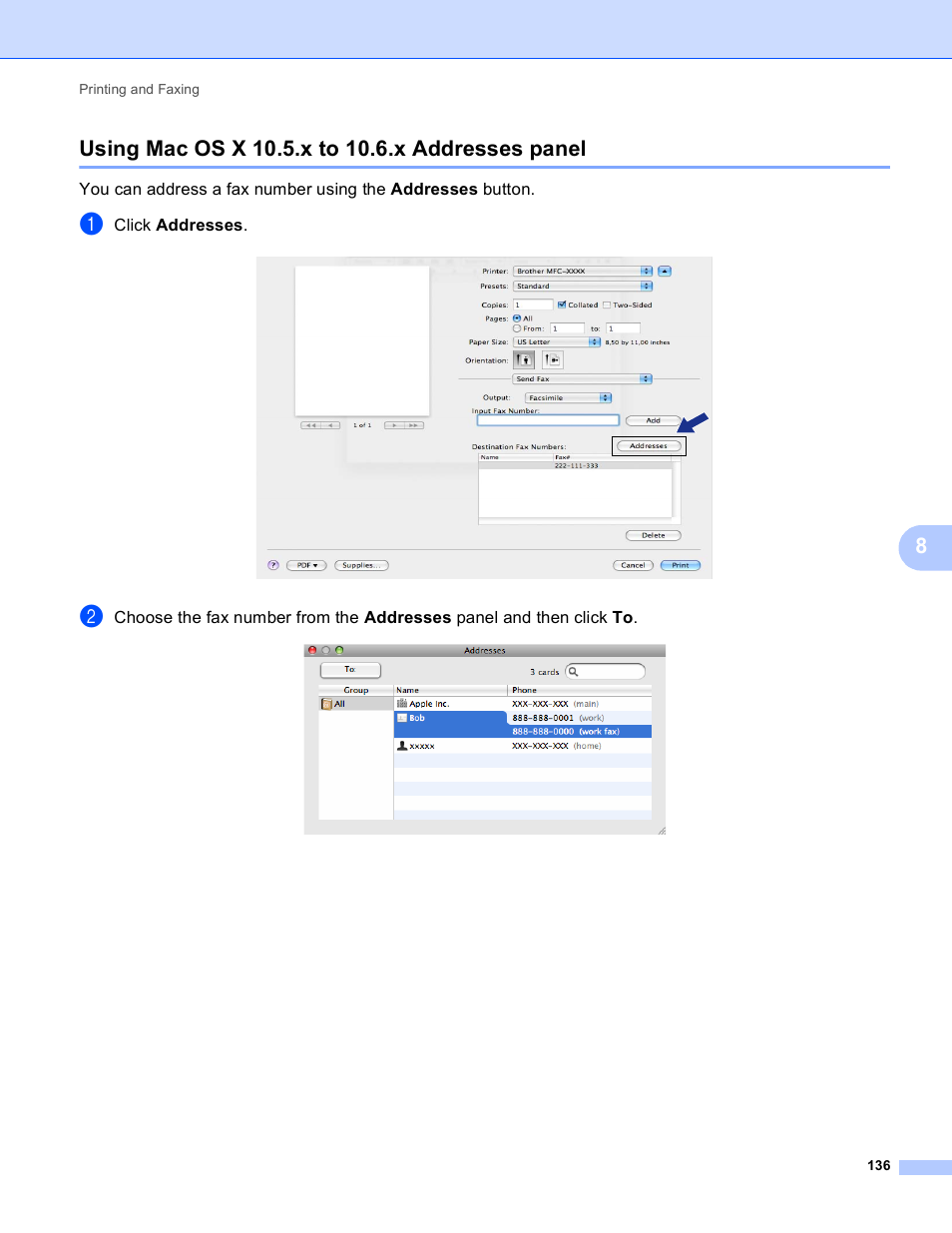 Using mac os x 10.5.x to 10.6.x addresses panel | Brother MFC J6910DW User Manual | Page 143 / 221