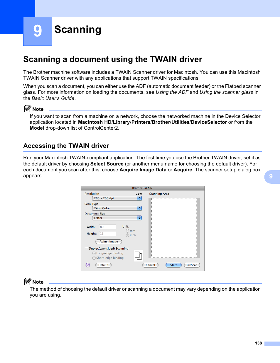 9 scanning, Scanning a document using the twain driver, Accessing the twain driver | Scanning | Brother MFC J6910DW User Manual | Page 145 / 221