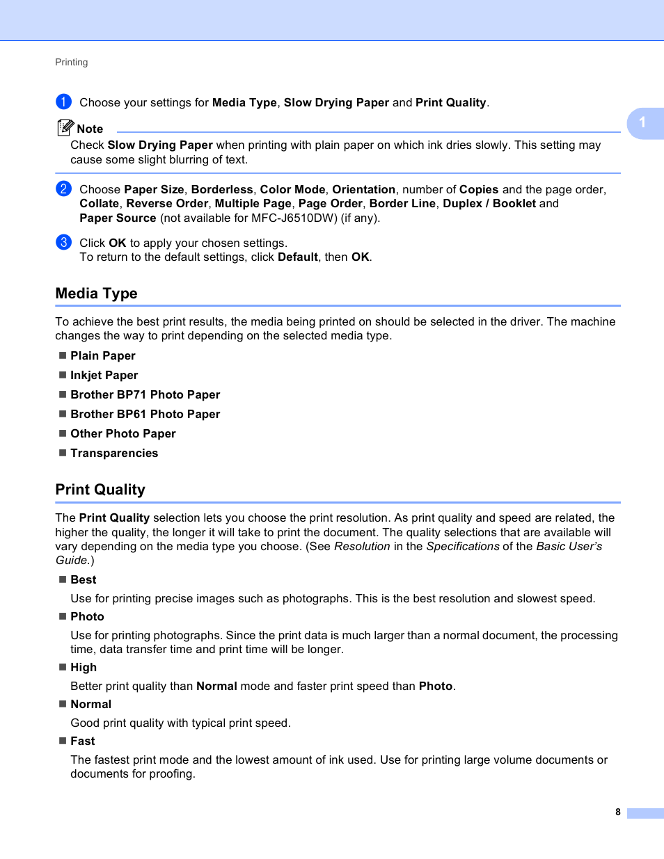 Media type, Print quality, Media type print quality | Brother MFC J6910DW User Manual | Page 15 / 221