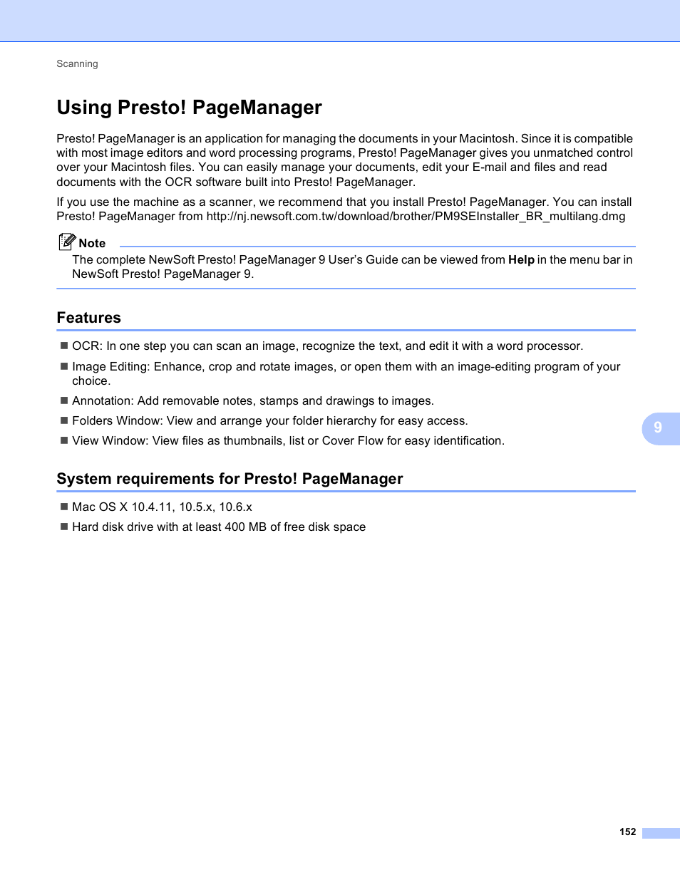 Features, Using presto! pagemanager, System requirements for presto! pagemanager | Brother MFC J6910DW User Manual | Page 159 / 221