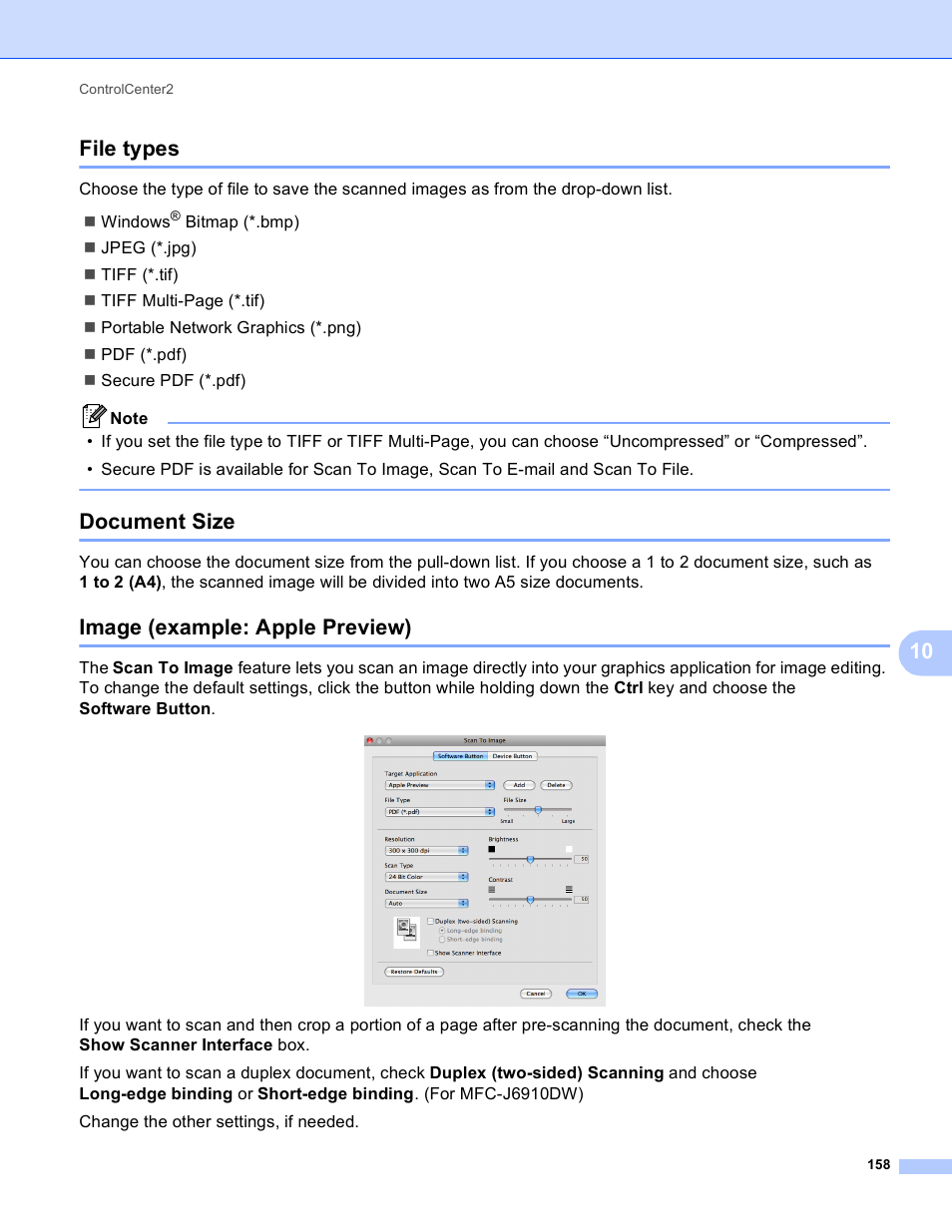 File types, Document size, Image (example: apple preview) | 10 file types | Brother MFC J6910DW User Manual | Page 165 / 221
