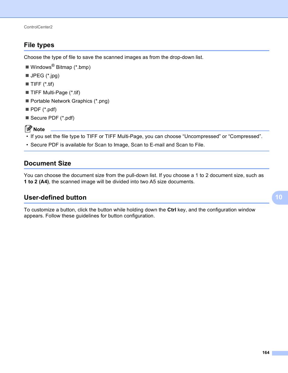 File types, Document size, User-defined button | File types document size user-defined button, 10 file types | Brother MFC J6910DW User Manual | Page 171 / 221