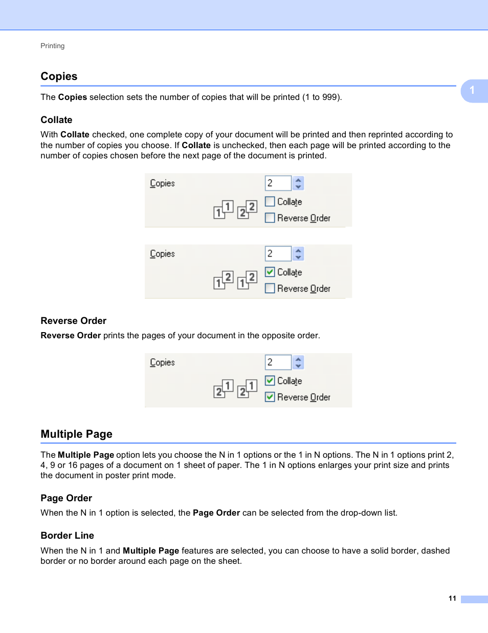 Copies, Collate, Reverse order | Border line, 1copies, Multiple page, Page order | Brother MFC J6910DW User Manual | Page 18 / 221