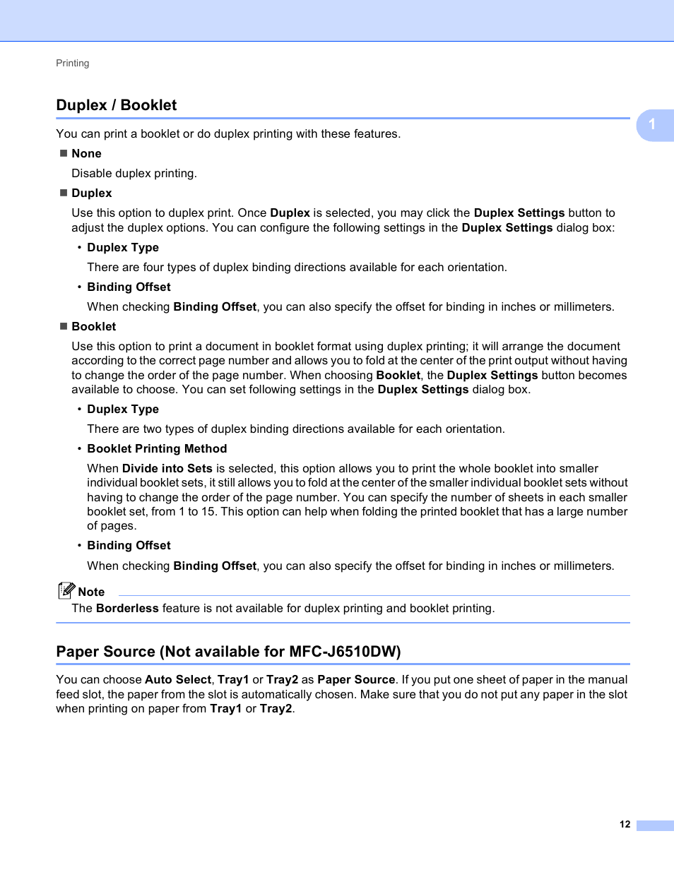 Duplex / booklet, Paper source (not available for mfc-j6510dw), 1duplex / booklet | Brother MFC J6910DW User Manual | Page 19 / 221