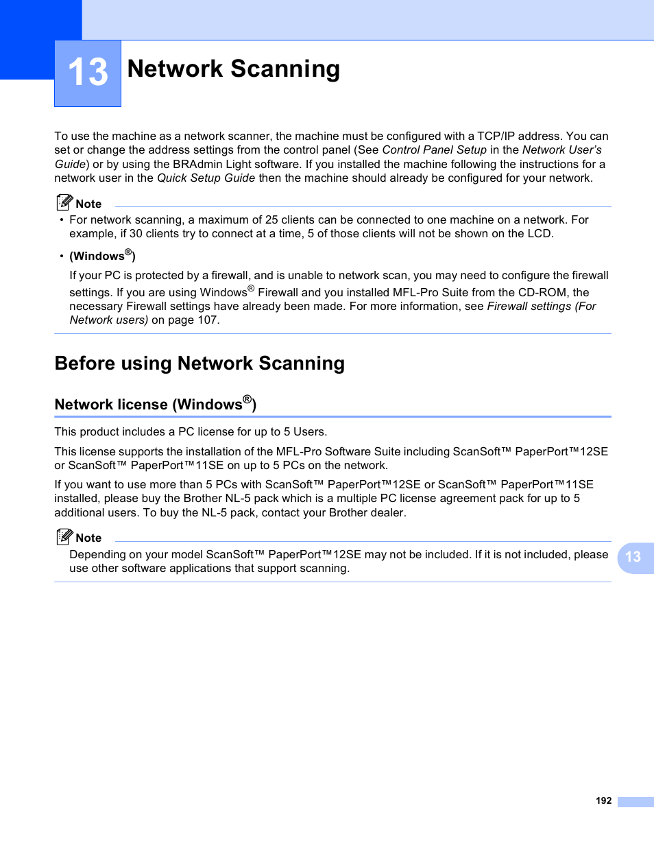 13 network scanning, Before using network scanning, Network license (windows®) | Network scanning, Network license (windows | Brother MFC J6910DW User Manual | Page 199 / 221