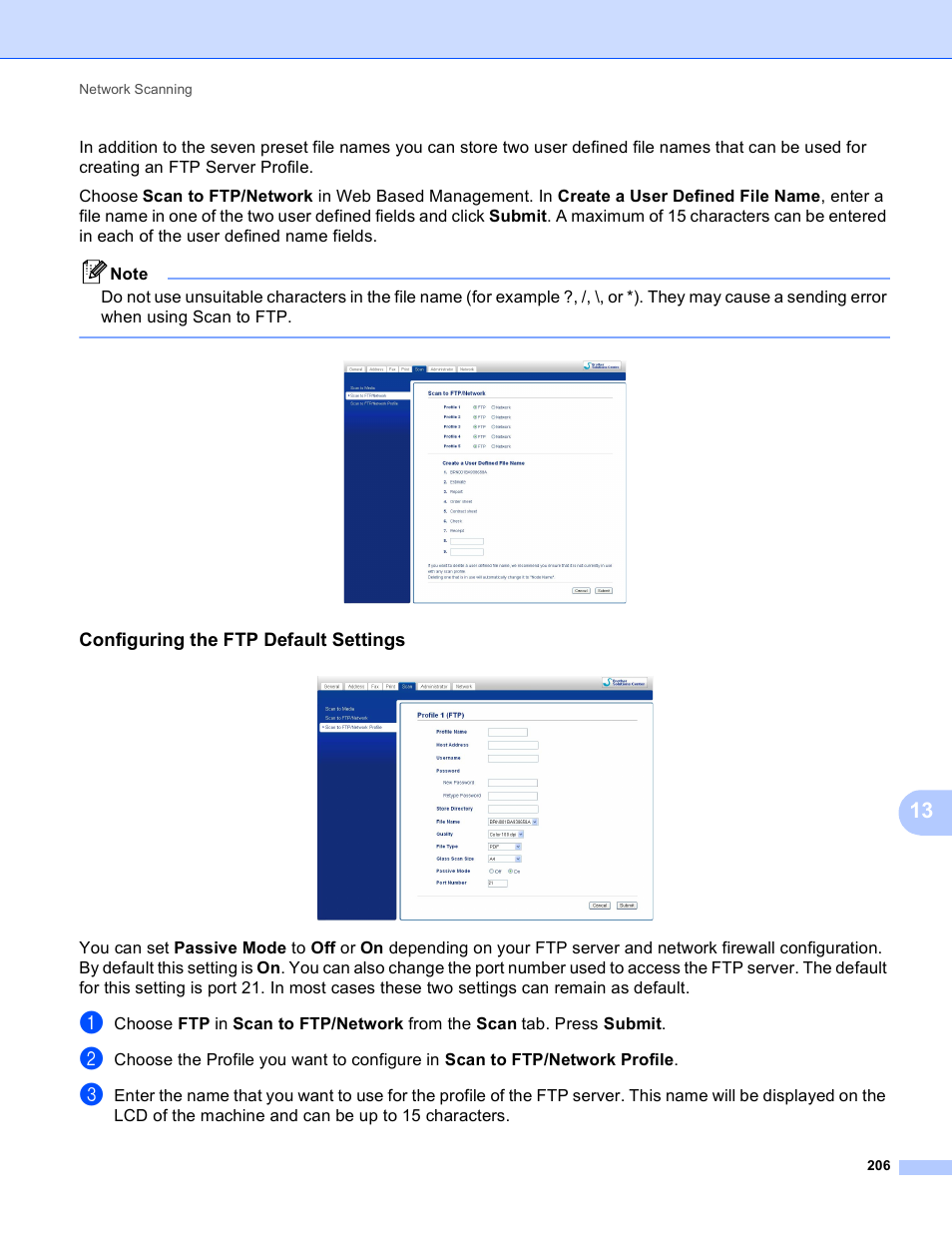 Configuring the ftp default settings | Brother MFC J6910DW User Manual | Page 213 / 221