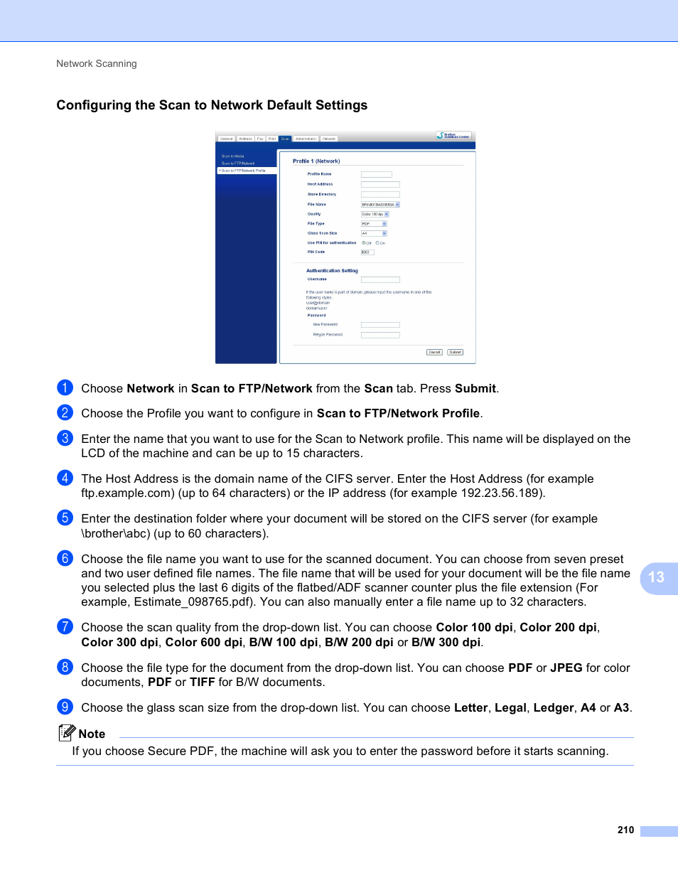 Configuring the scan to network default settings | Brother MFC J6910DW User Manual | Page 217 / 221
