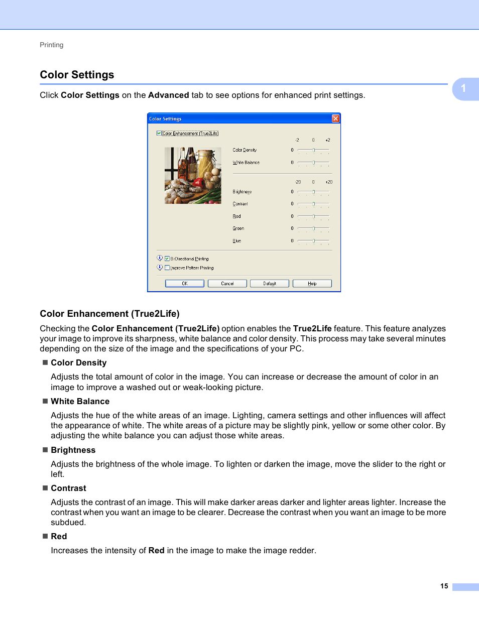 Color settings, Color enhancement (true2life), 1color settings | Brother MFC J6910DW User Manual | Page 22 / 221