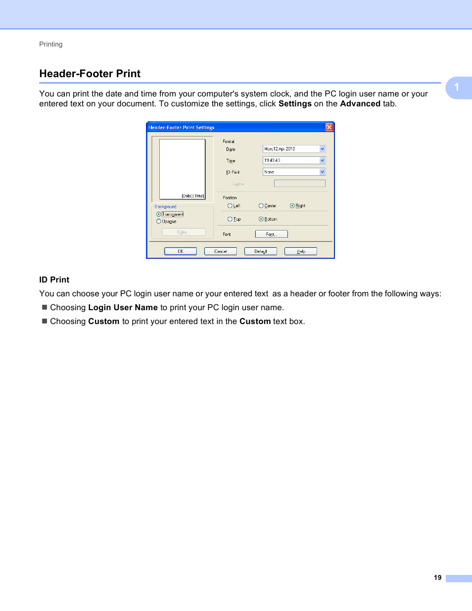 Header-footer print, 1header-footer print | Brother MFC J6910DW User Manual | Page 26 / 221