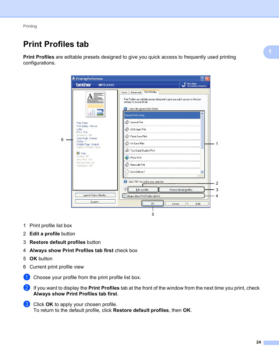 Print profiles tab | Brother MFC J6910DW User Manual | Page 31 / 221