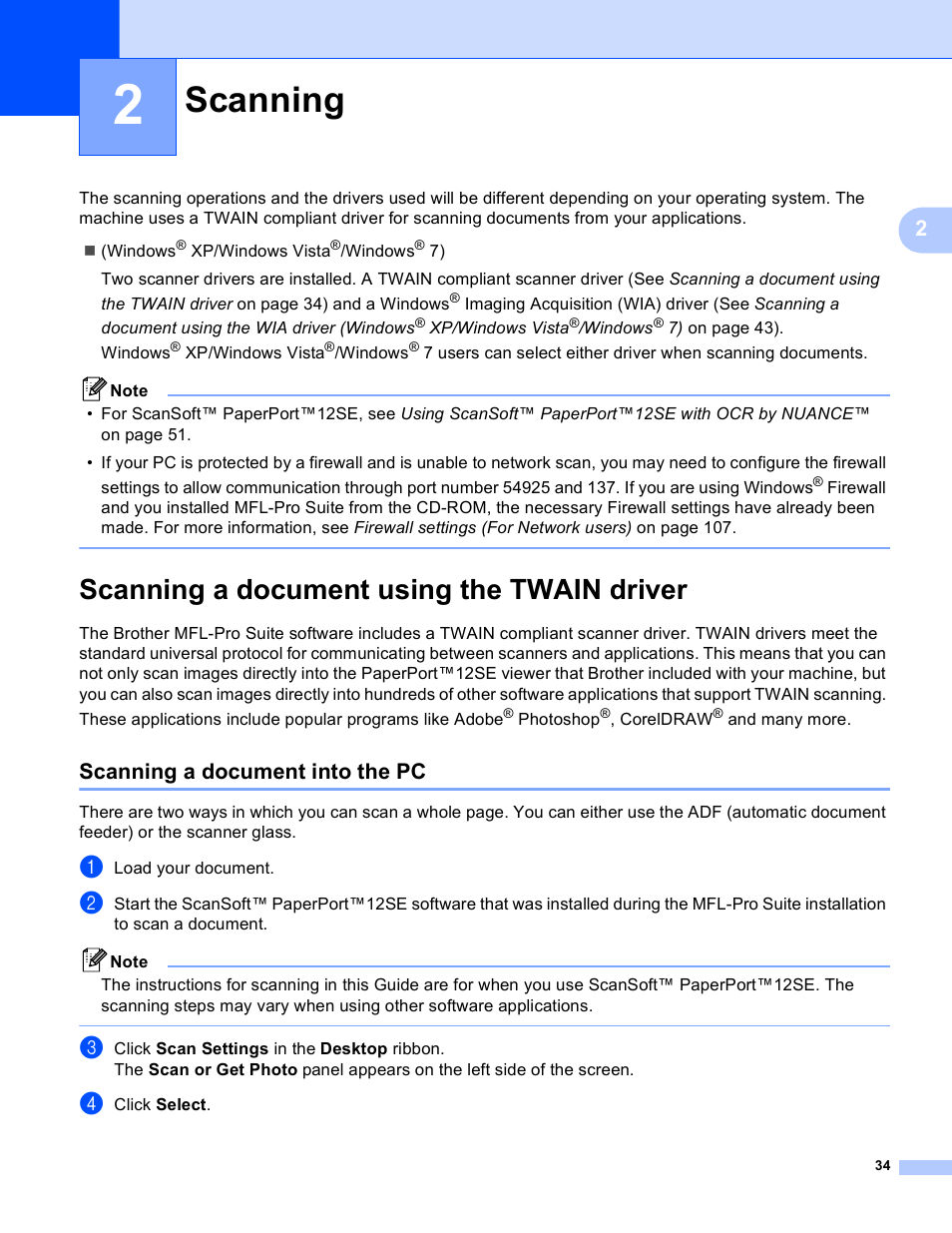 2 scanning, Scanning a document using the twain driver, Scanning a document into the pc | Scanning | Brother MFC J6910DW User Manual | Page 41 / 221